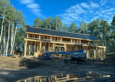 Construction in progress: a new timber-framed building takes shape amidst a stand of birch trees under a clear blue sky, with construction equipment and materials scattered around the active site.